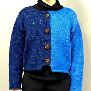 LYNNE McNULTY Hand Knit Cardigan Wool Sweater, navy and sky blue